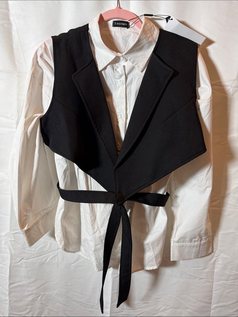 Black Belted Vest Over White Button-Down Shirt - Women's Top